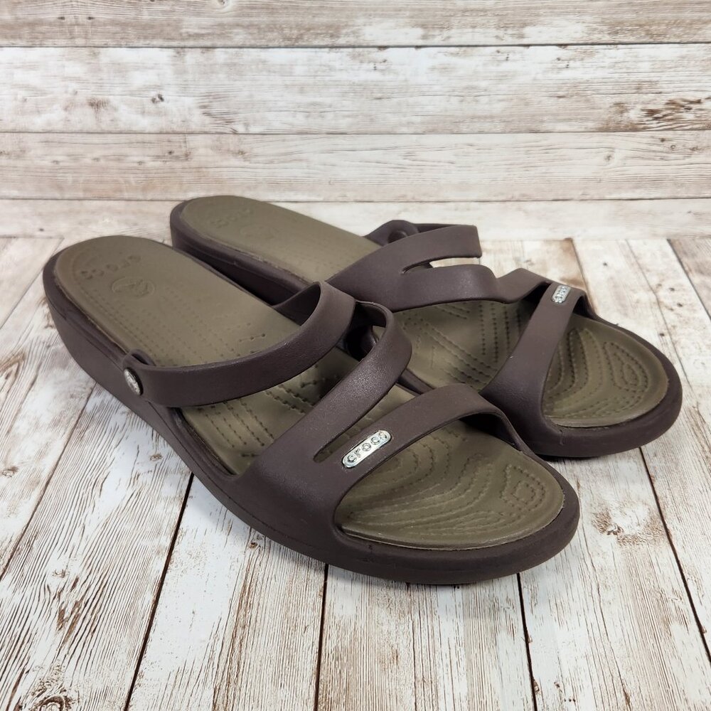 CROCS Patricia Women's 11 Brown Strappy Slip-On Low Wedge Beach Summer Sandals